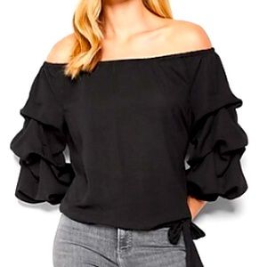 Off The Shoulder Ruffle Tier Sleeves Tie Waist Top